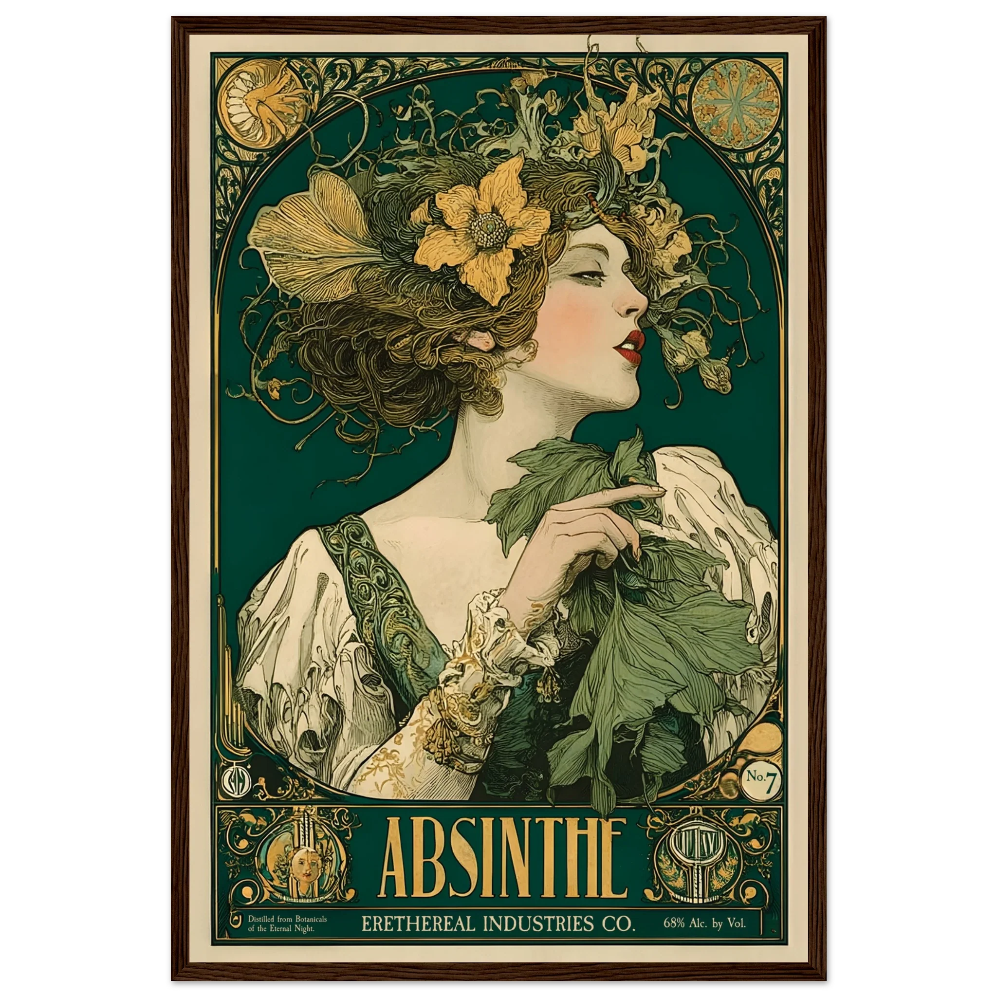 Vintage-style poster of a woman with absinthe leaves, framed with decorative elements.