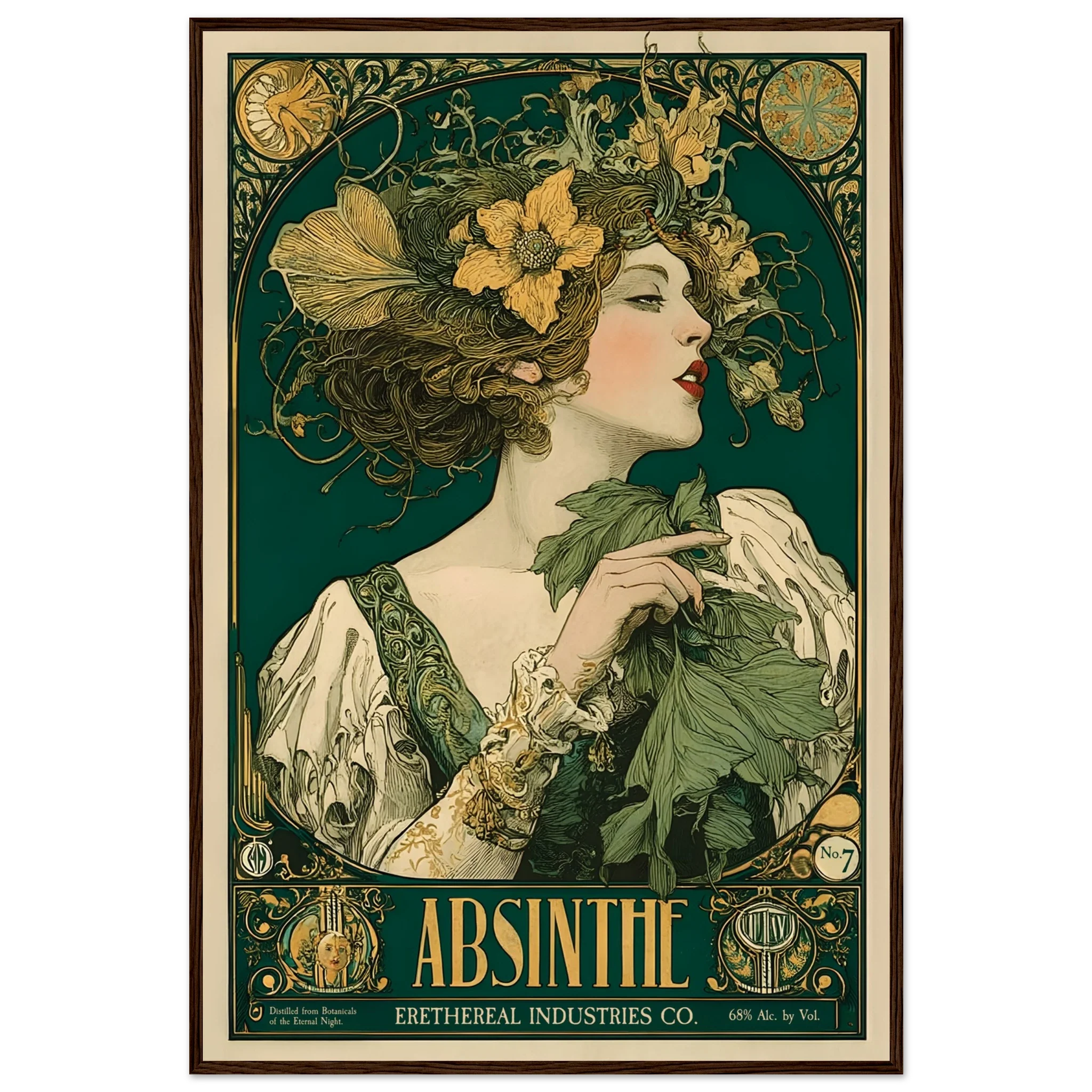 Vintage-style poster of a woman with flowers in her hair and absinthe leaves, featuring the text 'Absinthe' and 'Ethereal Industries Co.'.