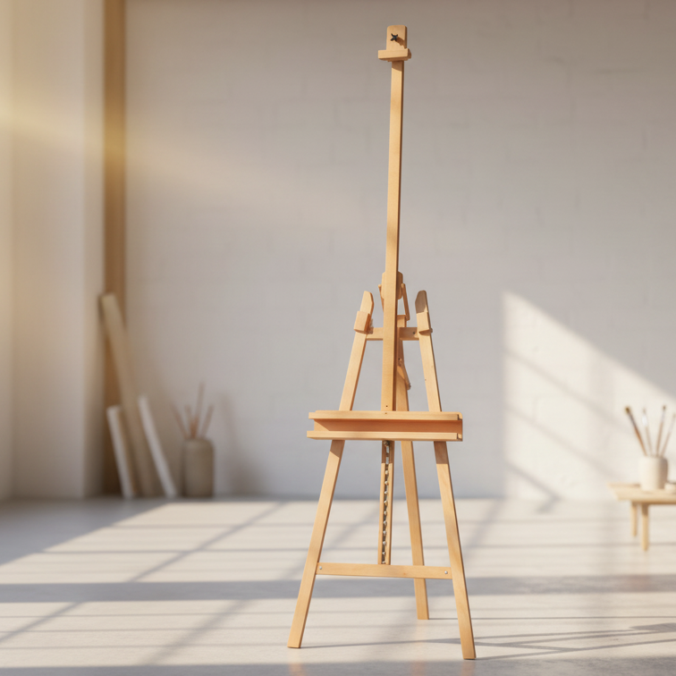 Wooden artist's easel in a room with sunlight casting shadows on the floor