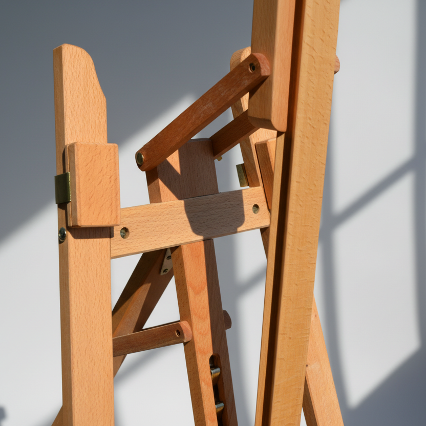 Wooden easel against a gray background