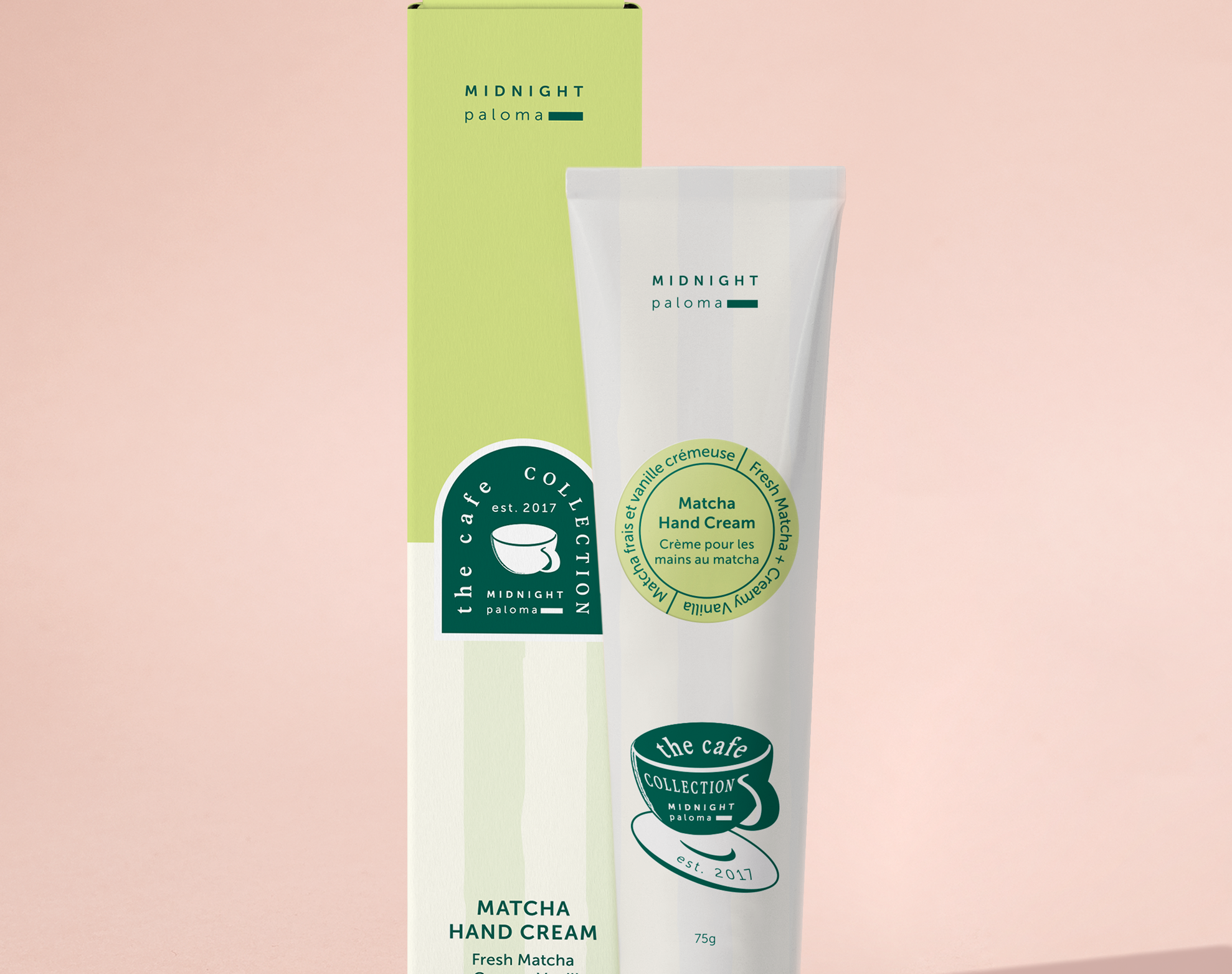 Matcha hand cream with packaging on a pink background