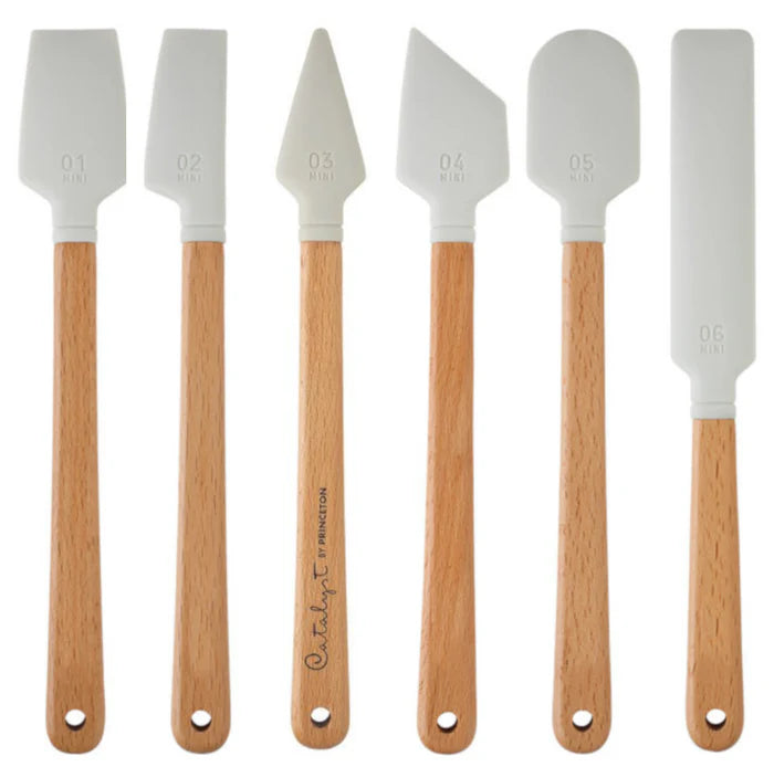 Set of six spatulas with wooden handles and silicone heads, each labeled from 01 to 06.