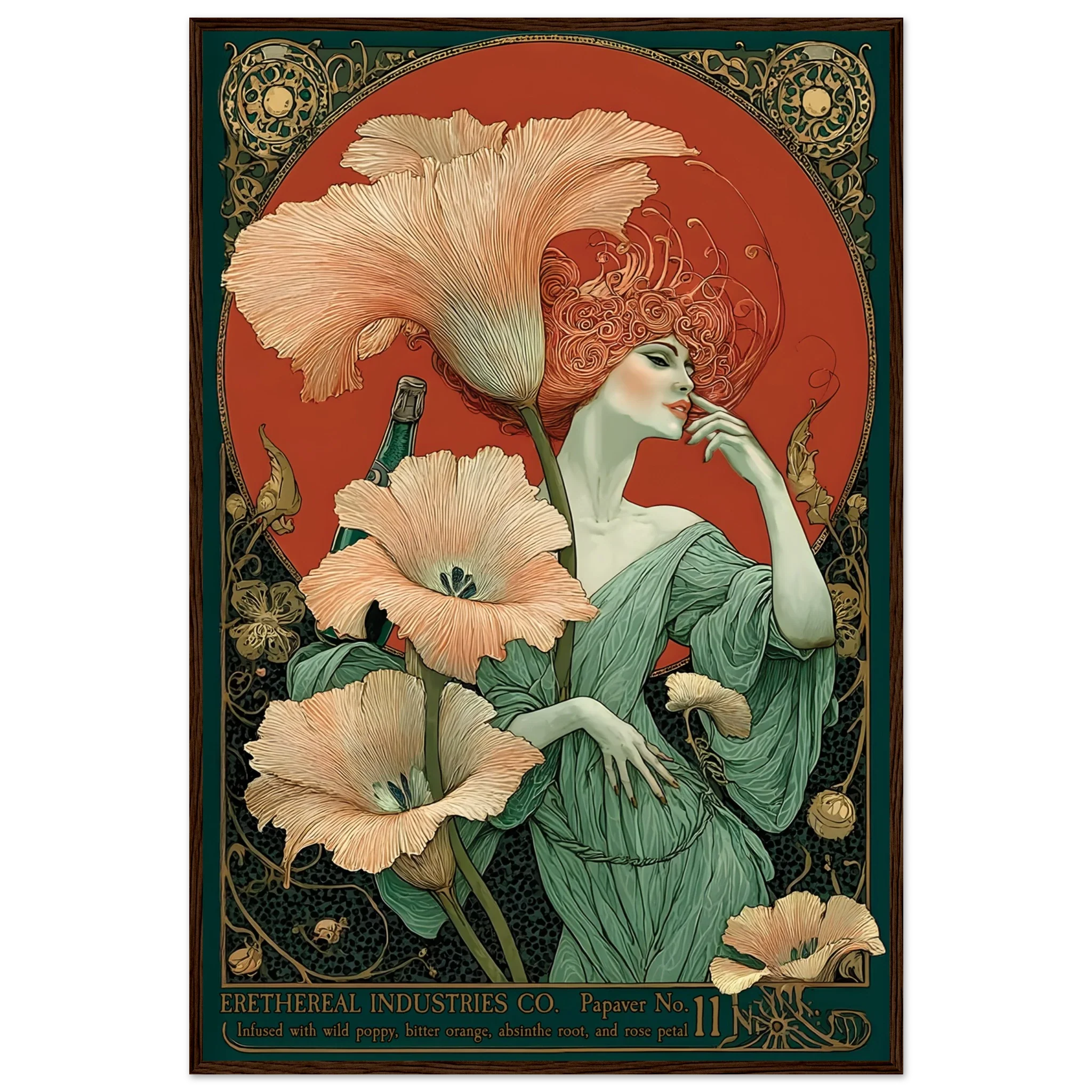 Art Nouveau-style illustration of a woman with flowers and decorative elements.