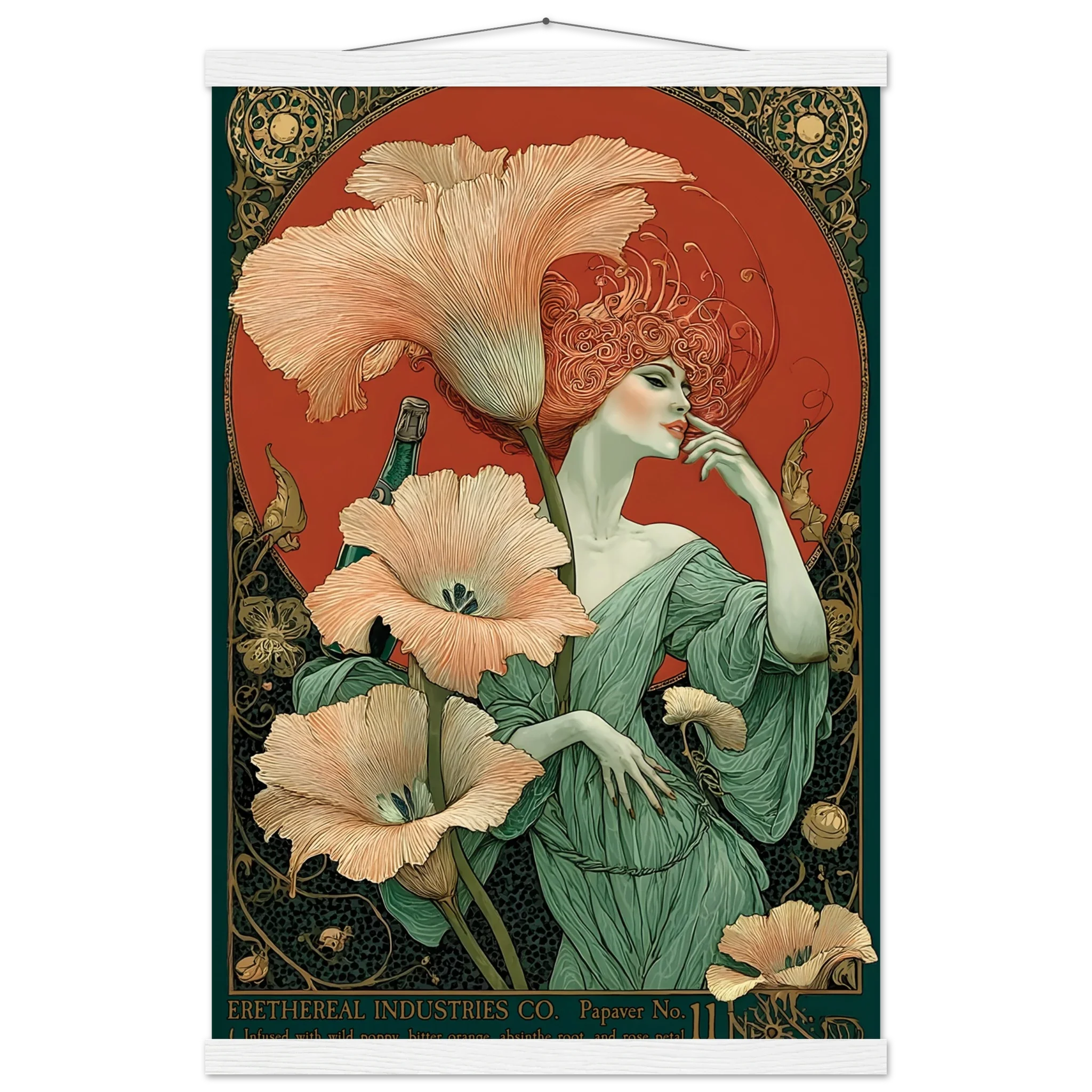 Art Nouveau-style illustration of a woman with flowers, featuring intricate details and a decorative border.
