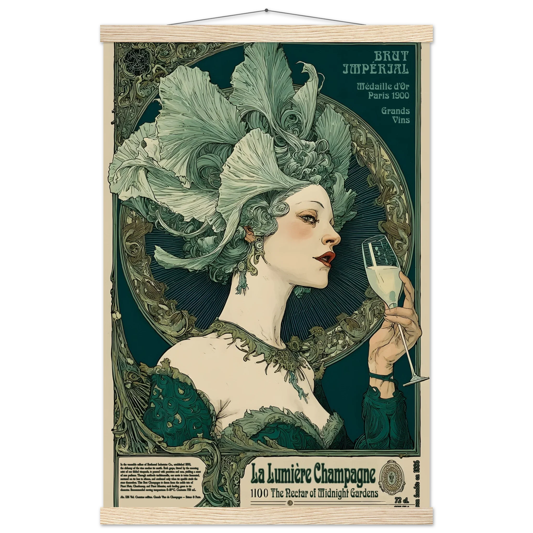 Vintage-style poster of a woman with elaborate green hair holding a champagne glass, framed in a wooden border.