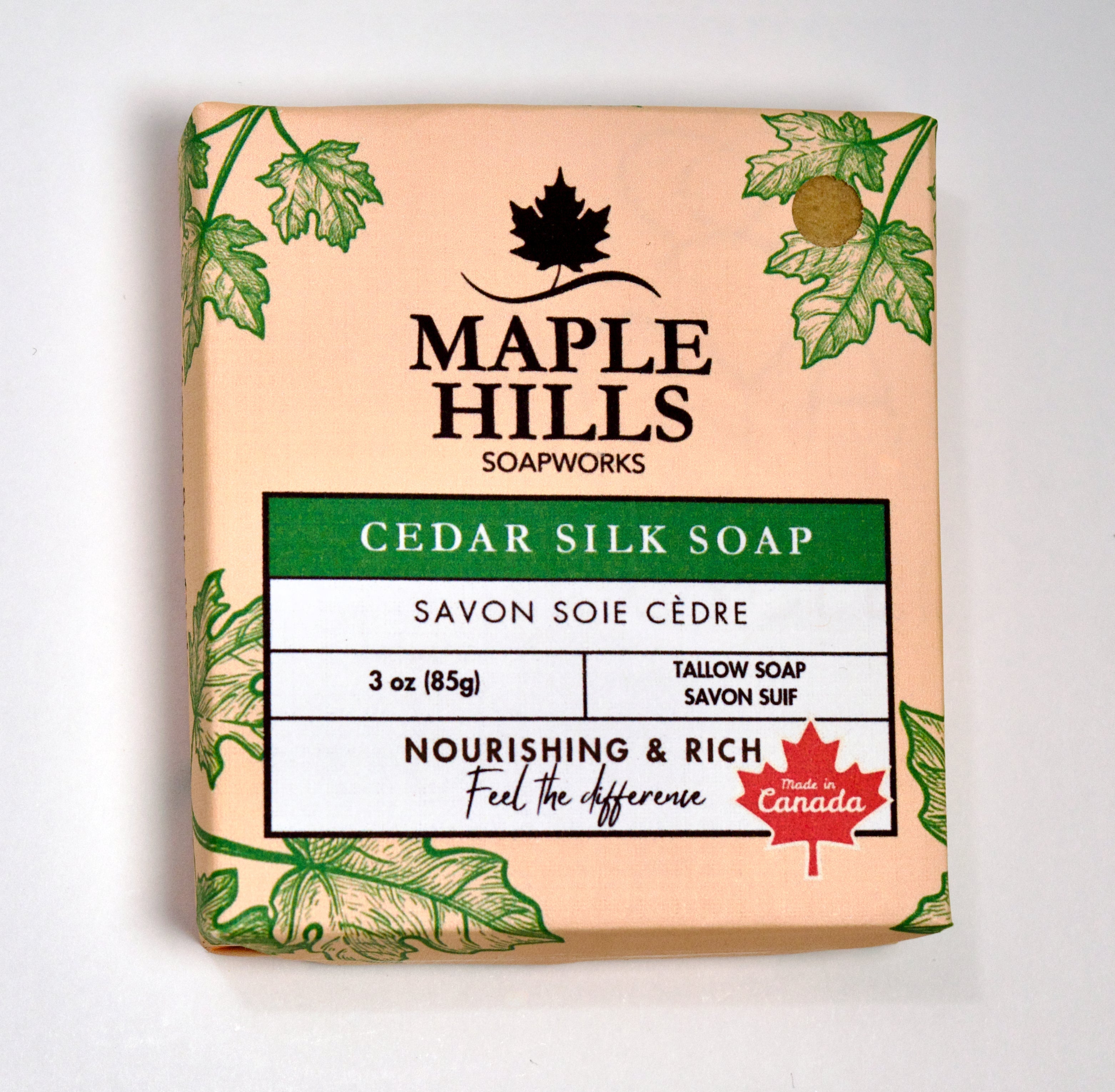 Maple Hills Soapworks Cedar Silk Soap packaging on a white background
