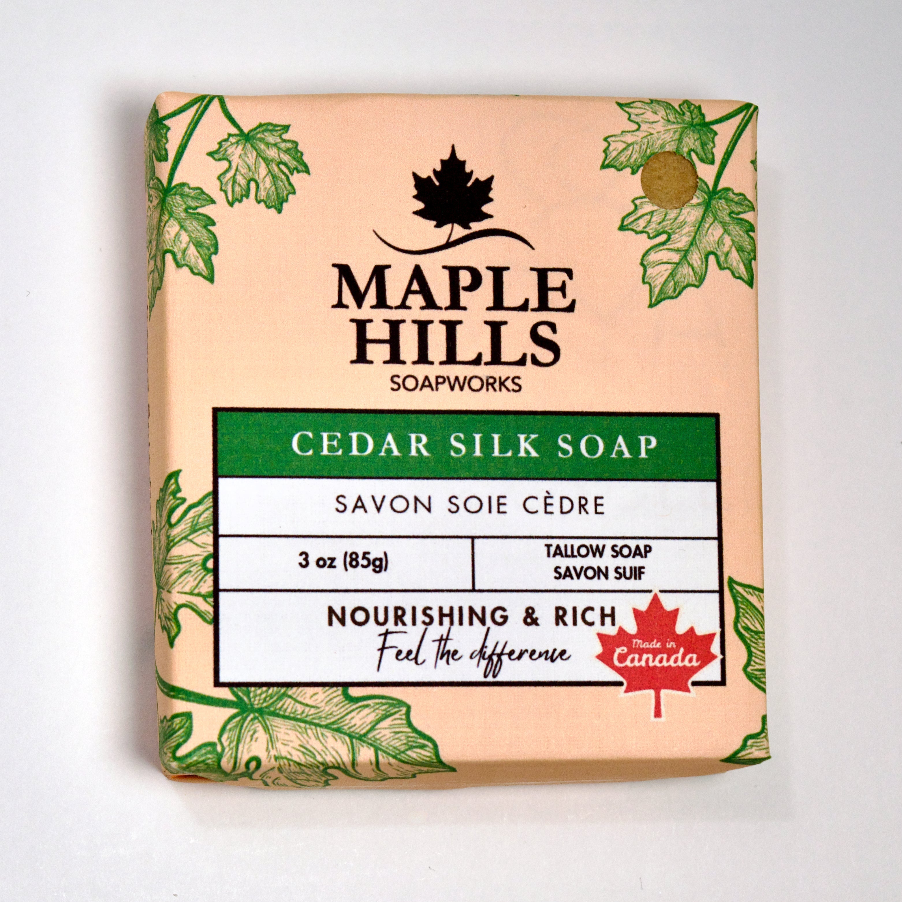 Maple Hills Soapworks Cedar Silk Soap packaging on a white background