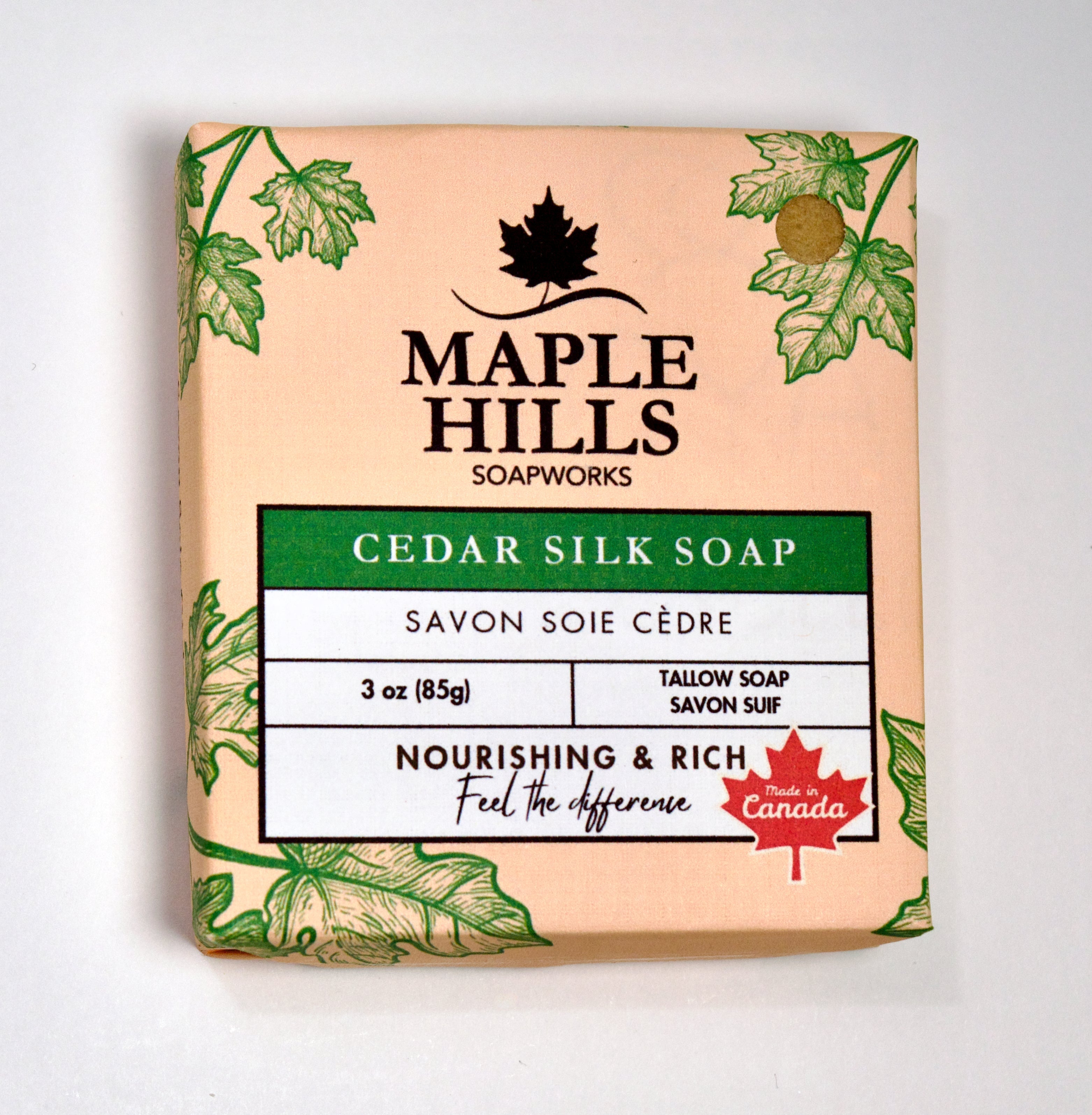 Maple Hills Soapworks Cedar Silk Soap packaging on a white background