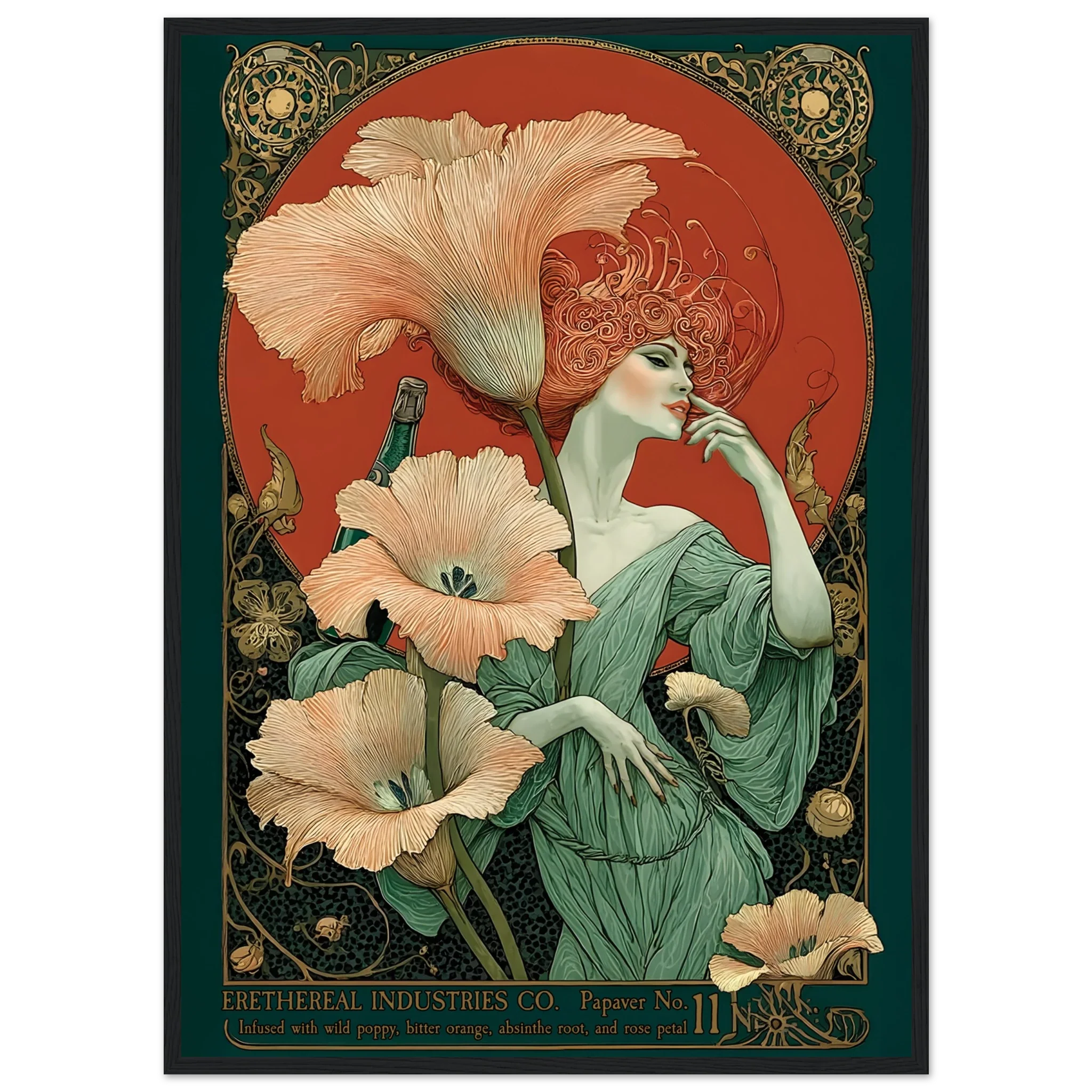 Art Nouveau-style illustration of a woman with flowers and decorative elements.