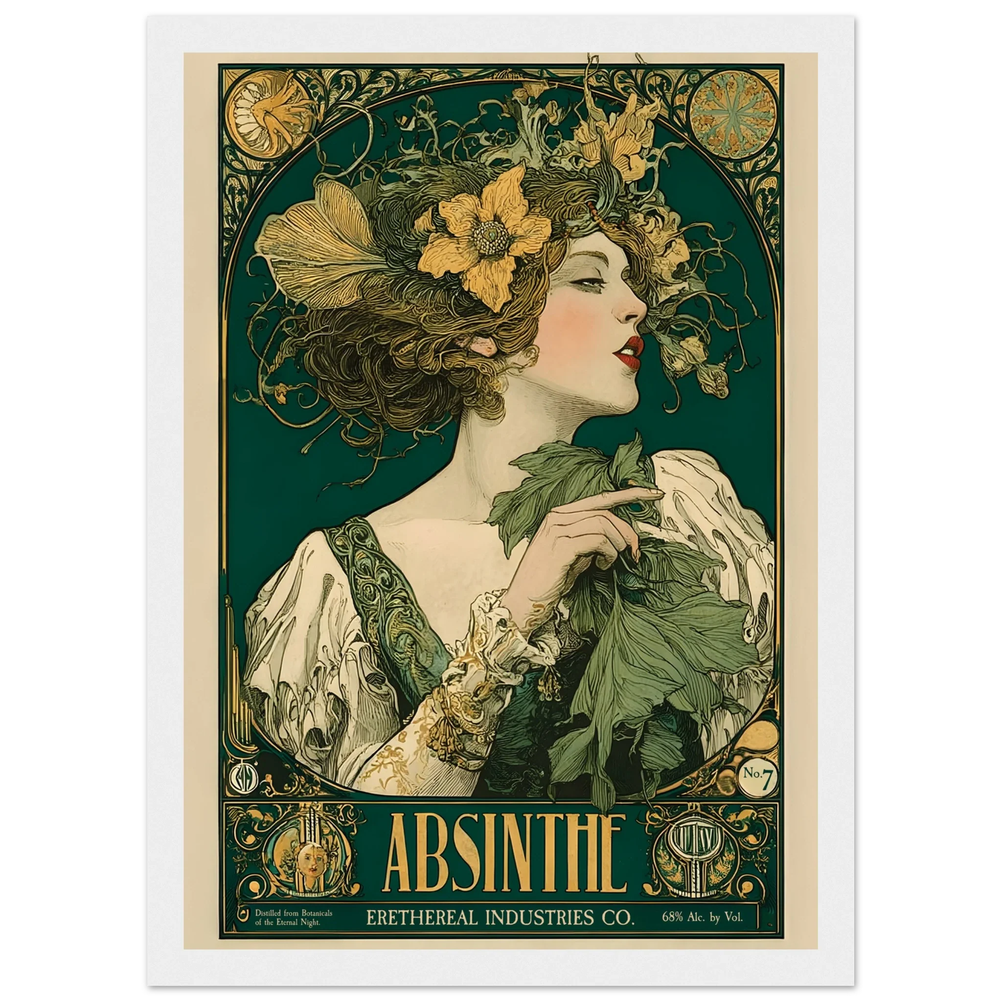 Vintage-style Absinthe advertisement poster with a woman and floral elements.