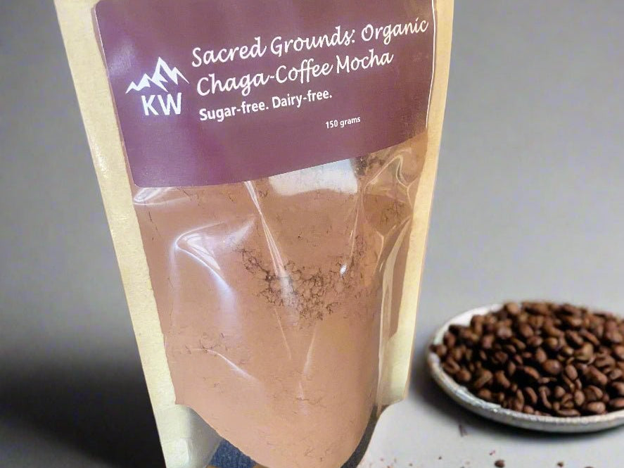 Sacred Grounds Organic Chaga-Coffee Mocha package with coffee beans and ground coffee on a gray background