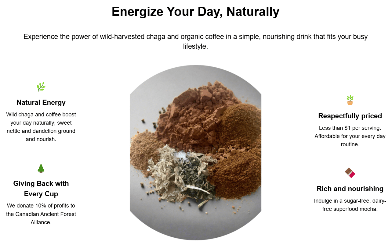 Product packaging with natural ingredients and promotional text on a white background