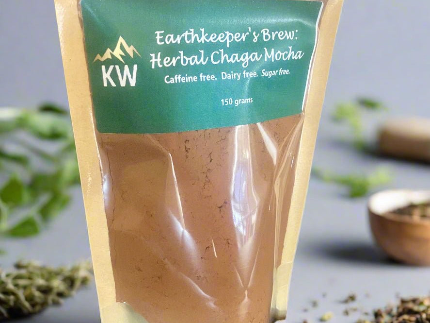 Packaged herbal chaga mocha with 'KW' branding on a neutral background