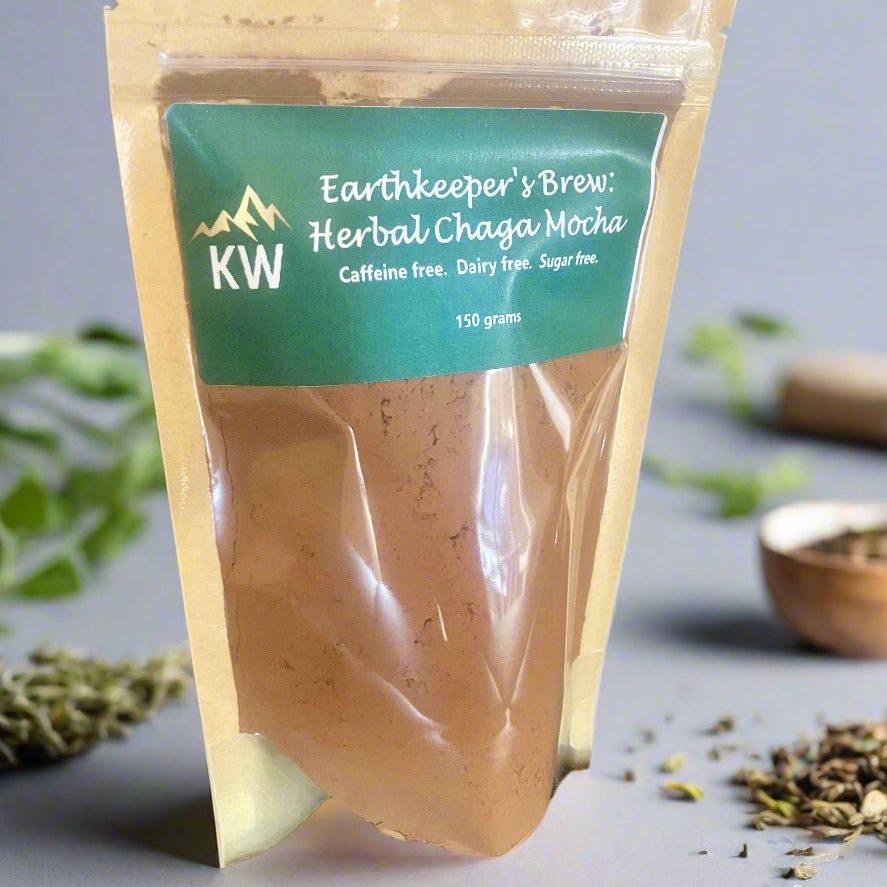 Packaged herbal chaga mocha with 'KW' branding on a neutral background