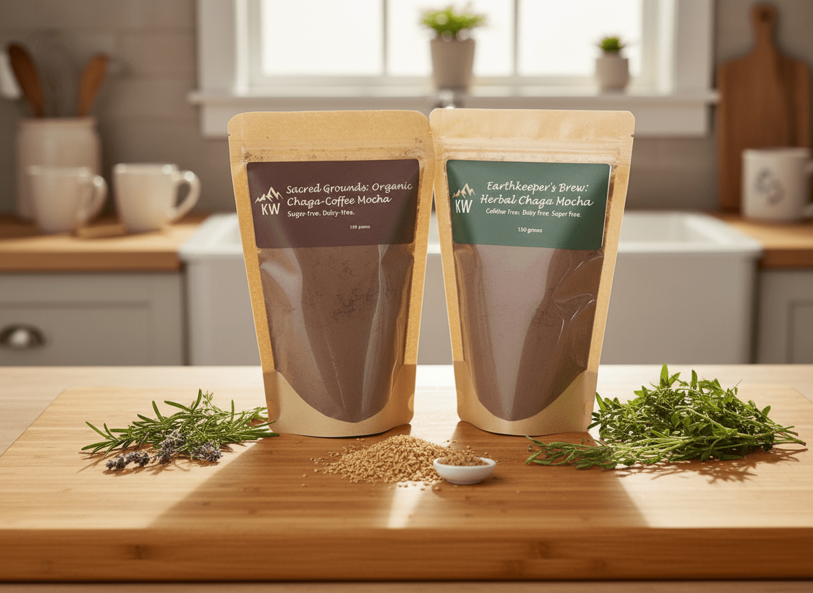 Two packages of organic chaga mocha on a wooden cutting board with herbs in a kitchen setting.