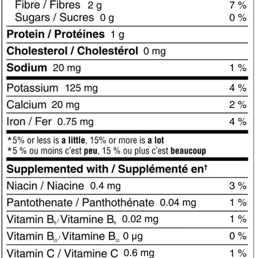 Nutritional information label for a food product with calories, macronutrient breakdown, and supplement details.