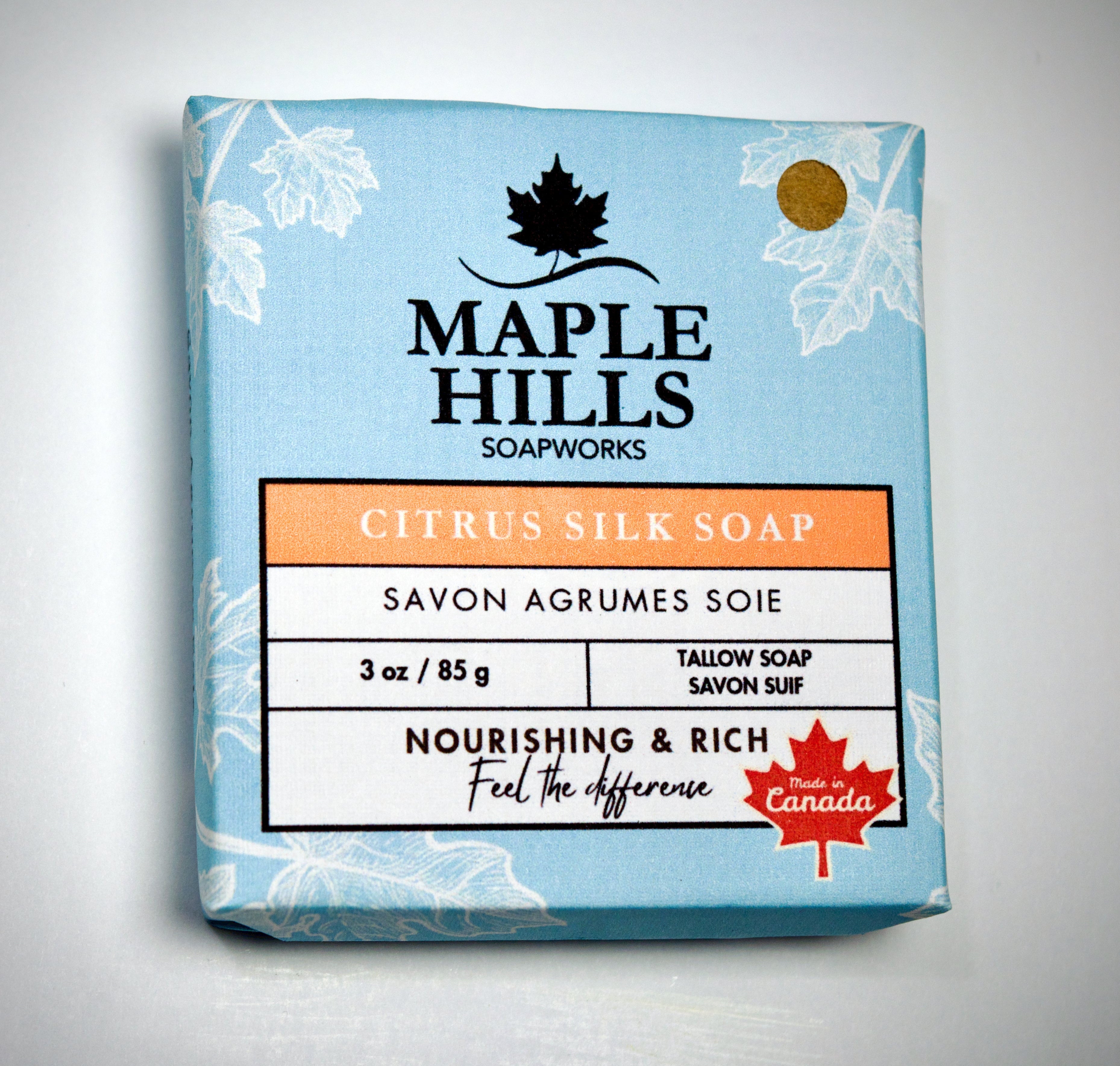 Maple Hills Soapworks Citrus Silk Soap packaging on a light gray background