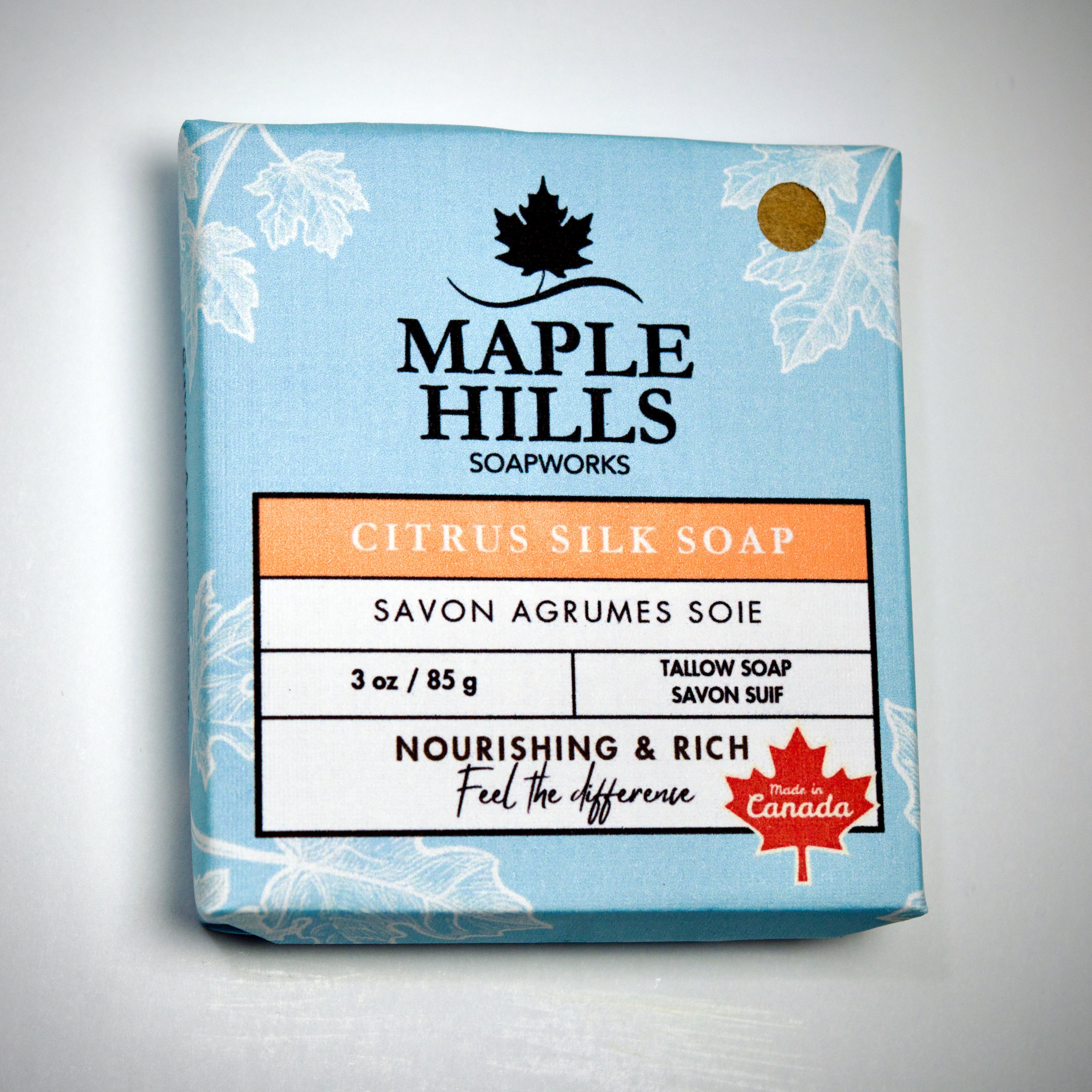 Maple Hills Soapworks Citrus Silk Soap packaging on a light gray background