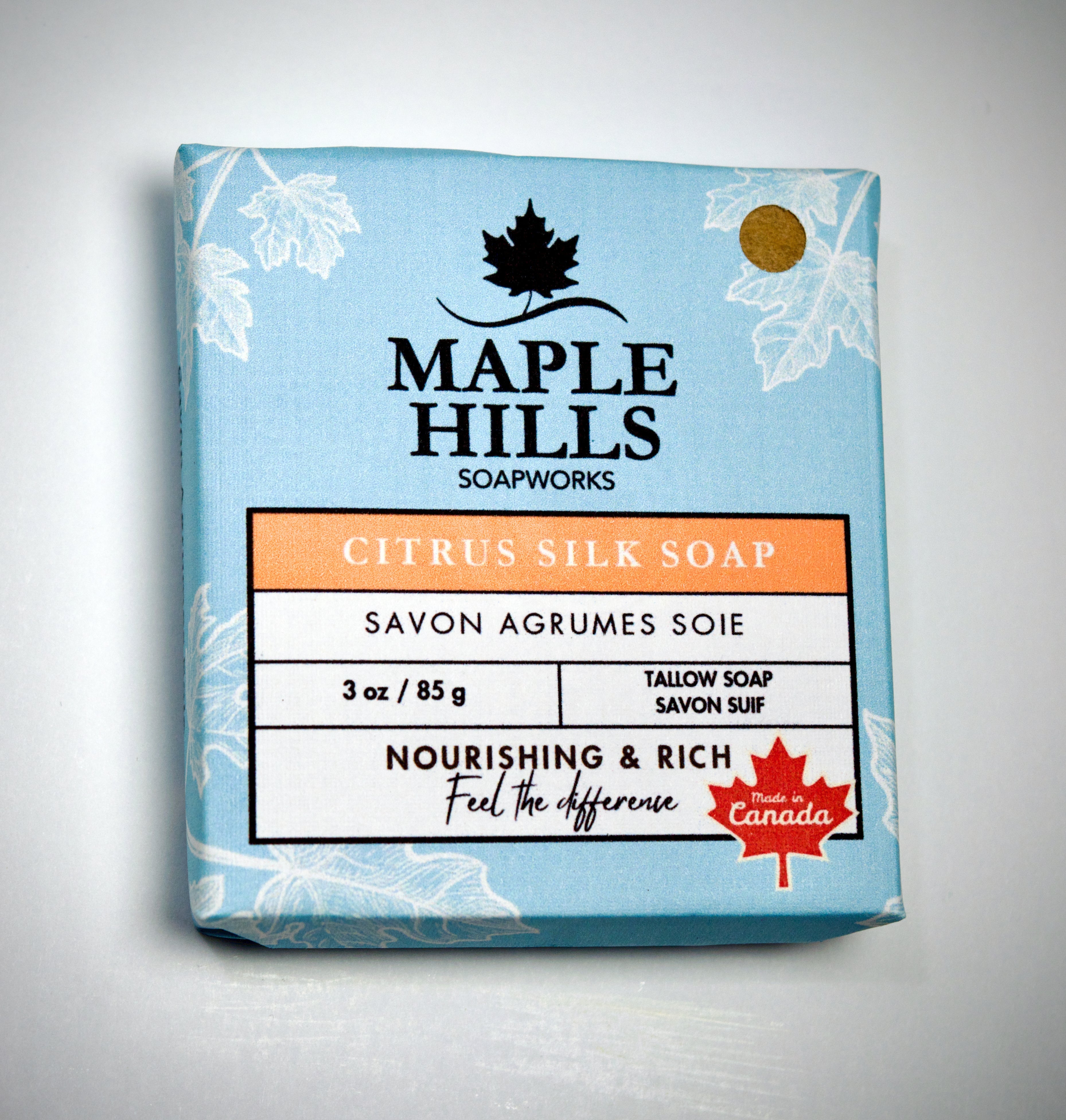 Maple Hills Soapworks Citrus Silk Soap packaging on a light gray background