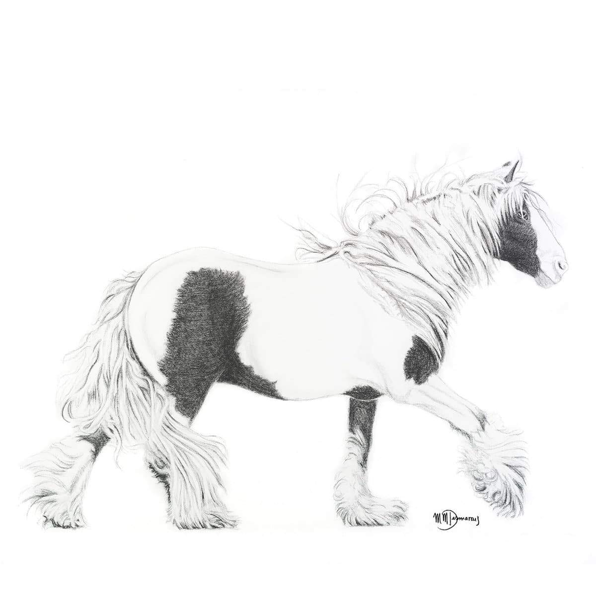 Pencil drawing of a horse with a black and white pattern on a white background