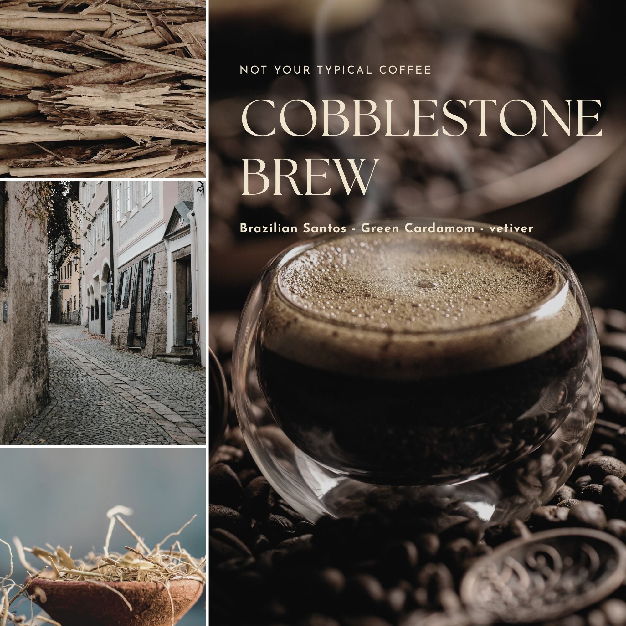 Collage of a glass of coffee, cobblestone street, and rustic elements with text 'Cobblestone Brew'.