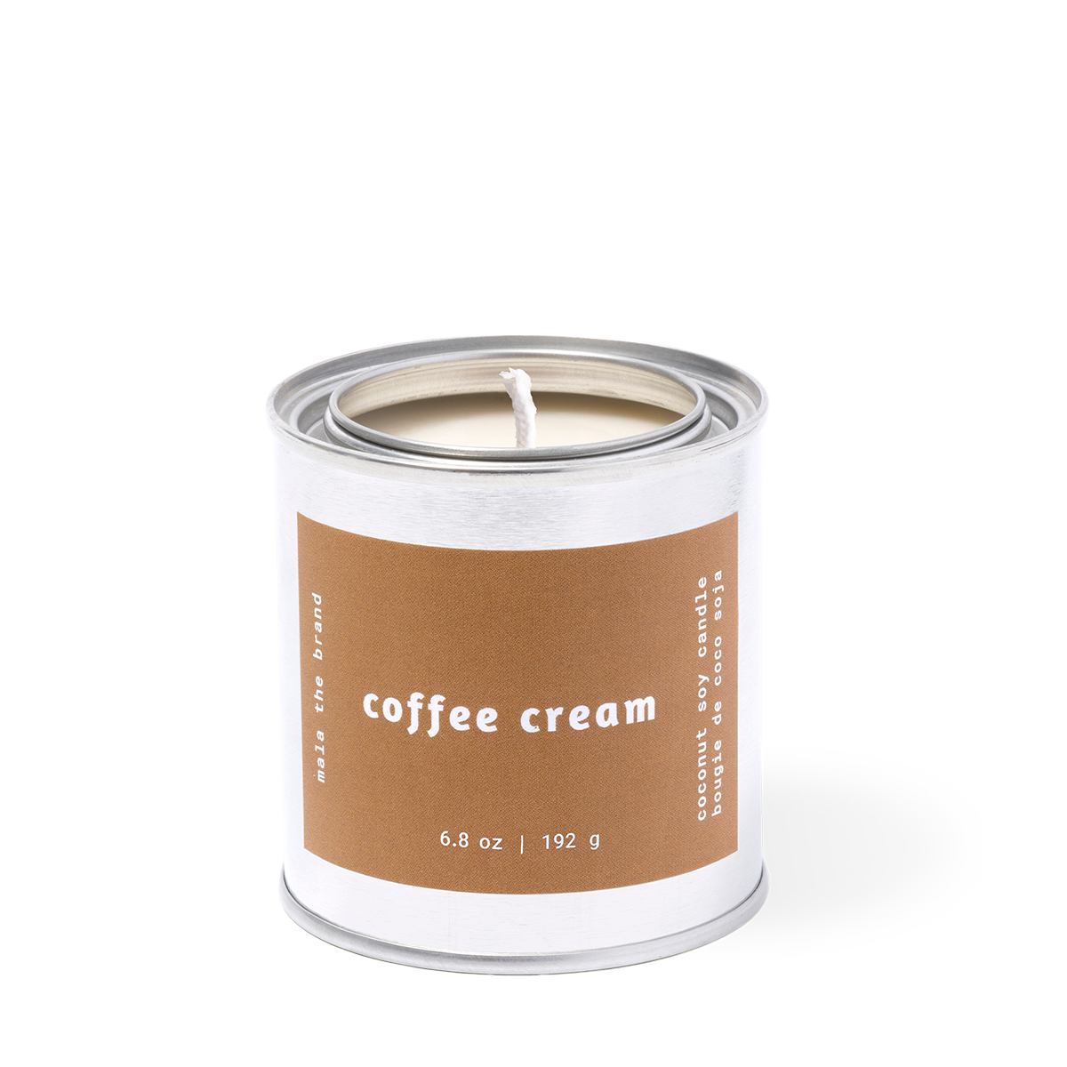Candle in a white container with a brown label on a white background