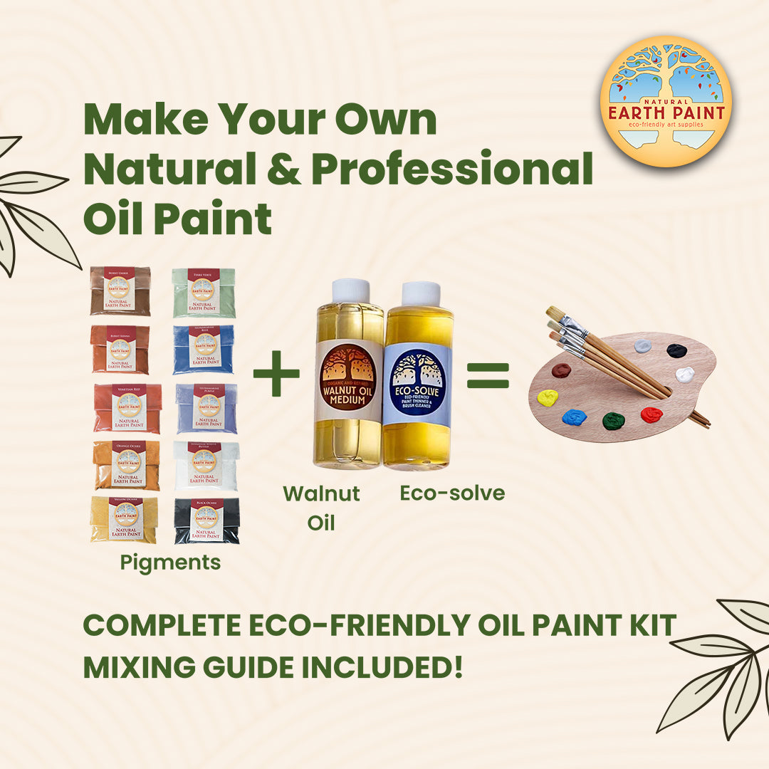 Promotional graphic for making natural oil paint with Earth Paint, featuring ingredients and a palette.