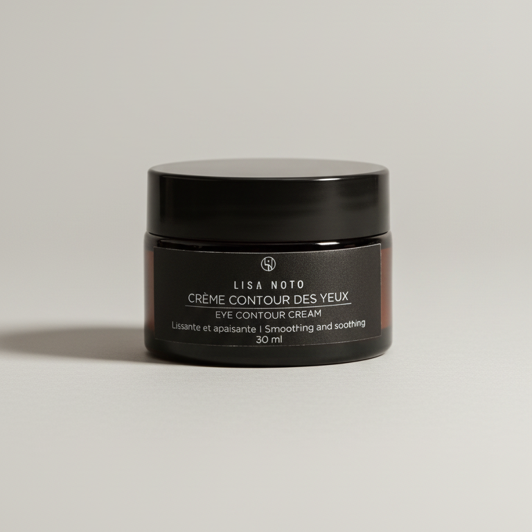 A 30 ml black jar of Lisa Noto Eye Contour Cream, featuring a matte black label with white text, set against a clean light gray background.