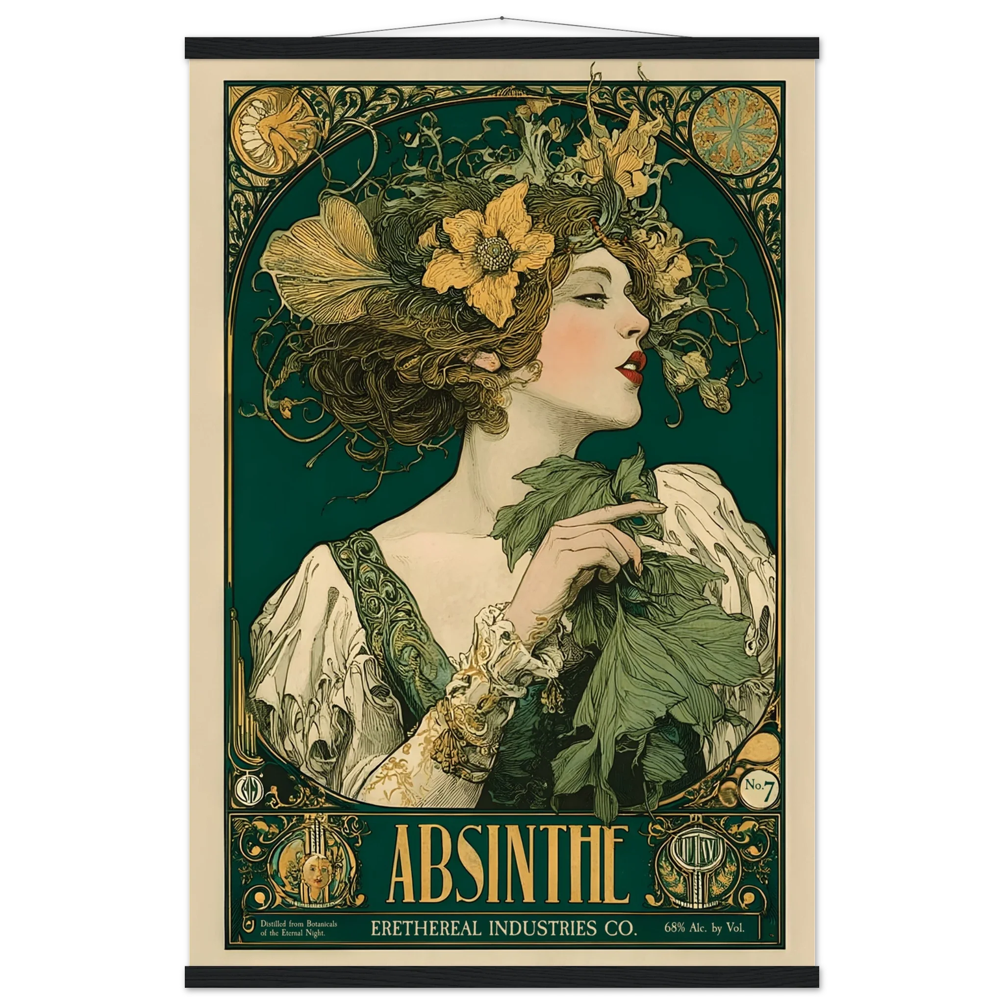 Vintage-style Absinthe advertisement poster with a woman and floral elements.