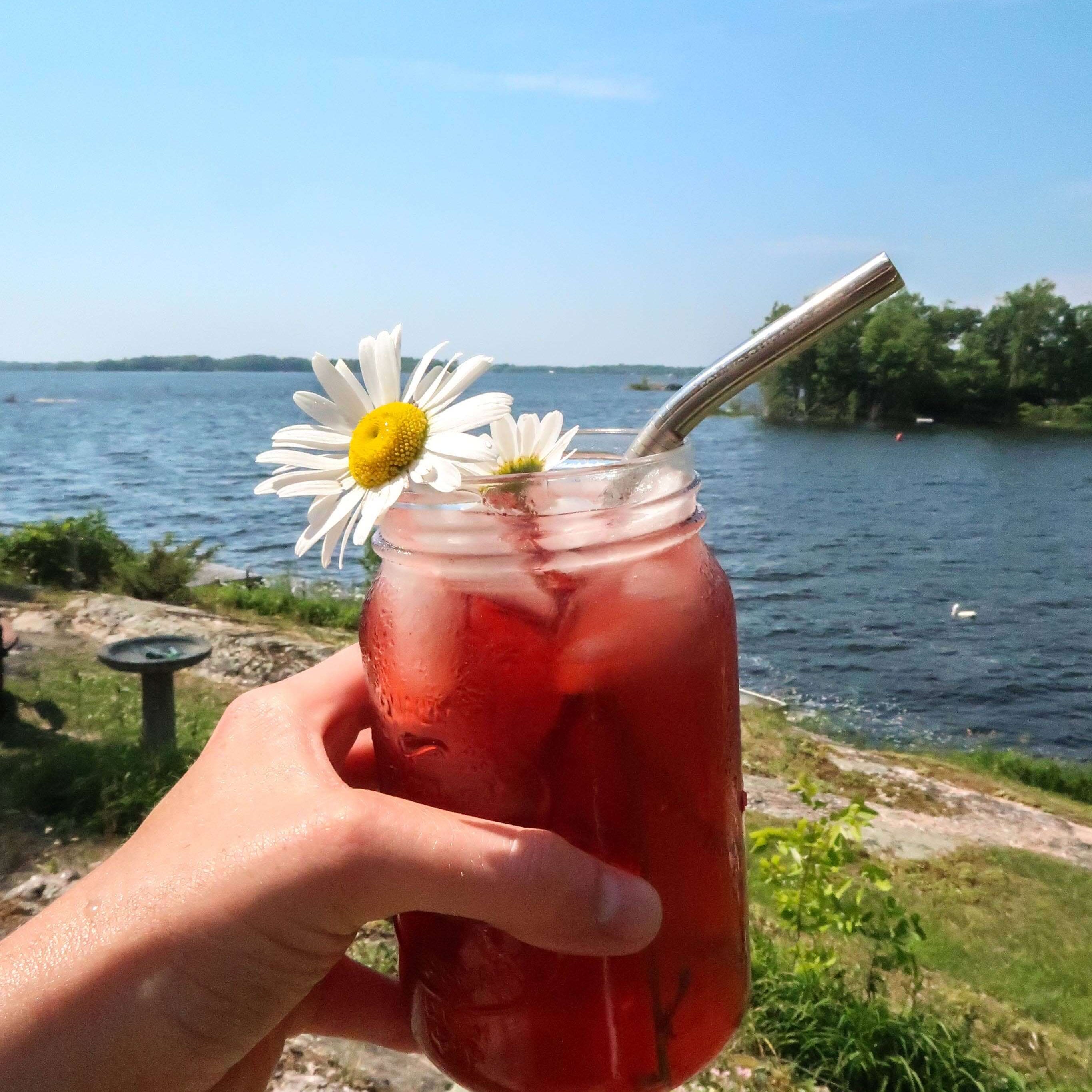 Hand holding a mason jar of ruby red hibiscus tea with daisies, by a scenic lakeside.