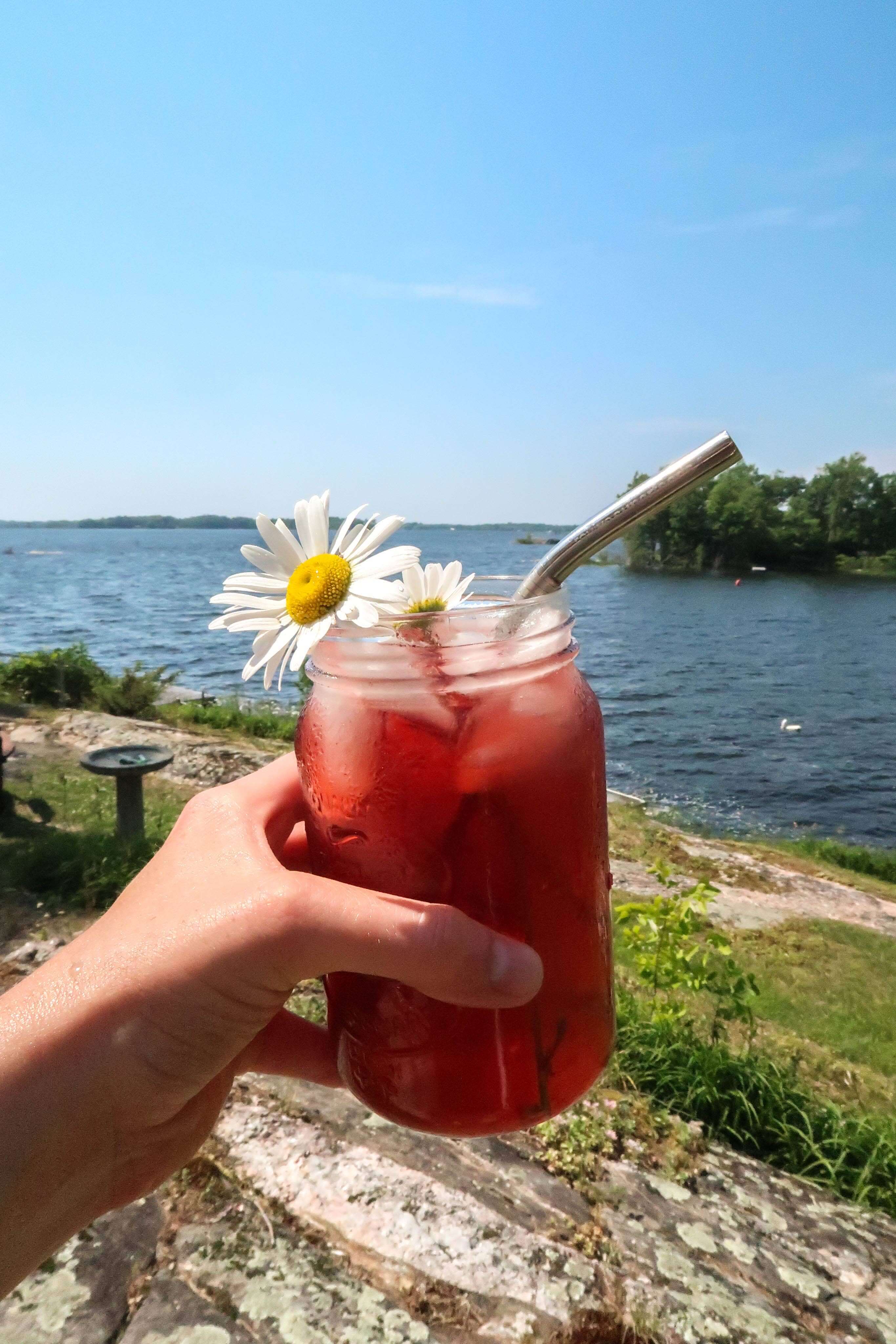 Hand holding a mason jar of ruby red hibiscus tea with daisies, by a scenic lakeside.