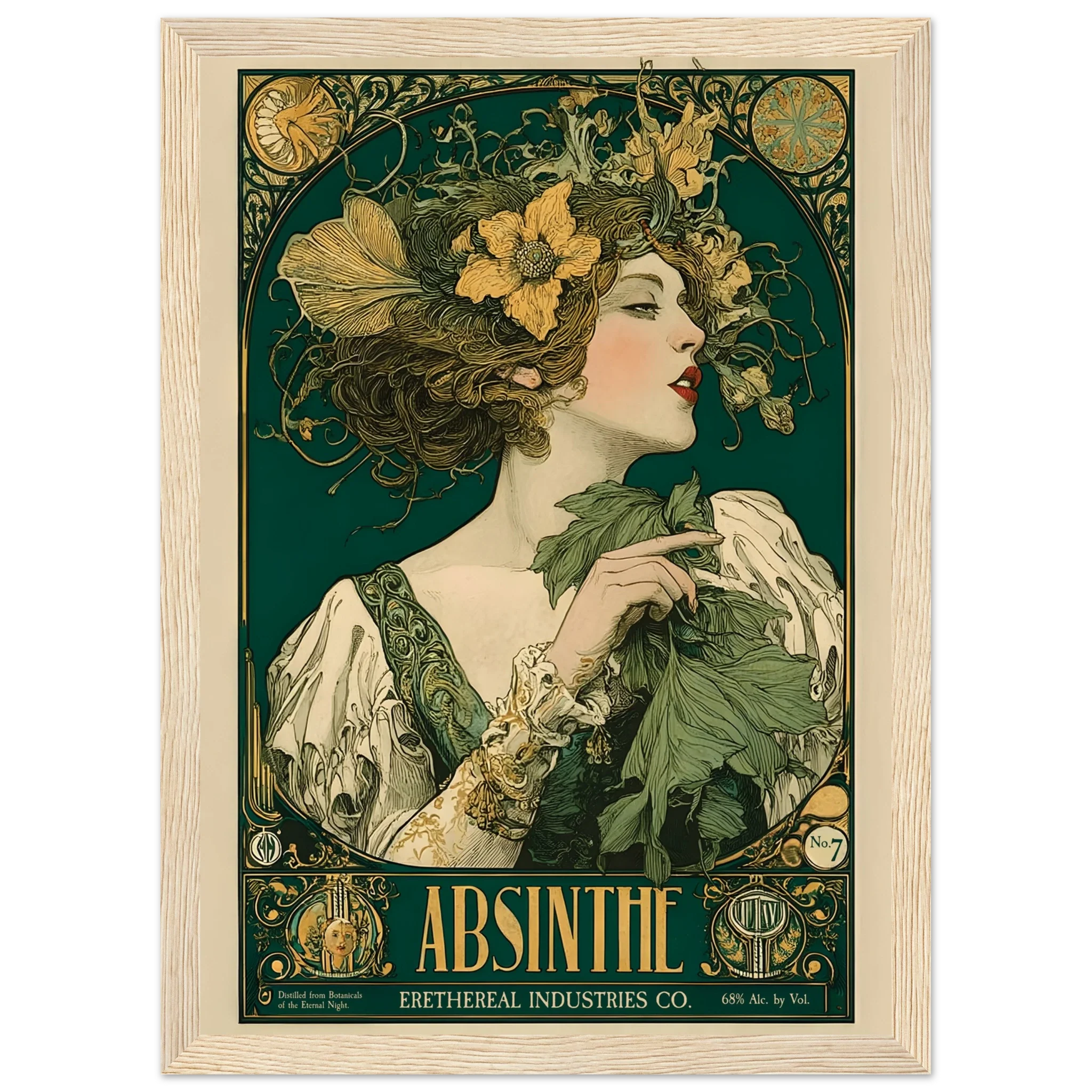 Vintage-style Absinthe advertisement poster with a woman and floral elements.