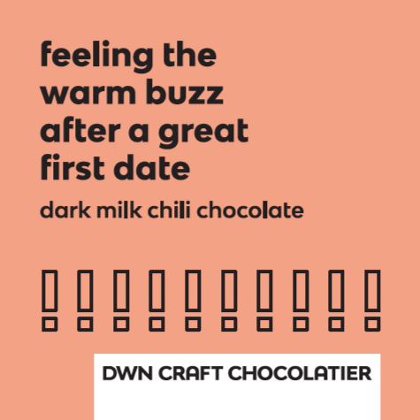 Promotional text for dark milk chili chocolate with exclamation points on a peach background, featuring DWN Craft Chocolatier.