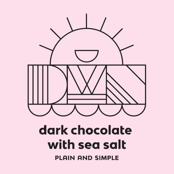Logo with abstract design and text 'dark chocolate with sea salt' on a pink background