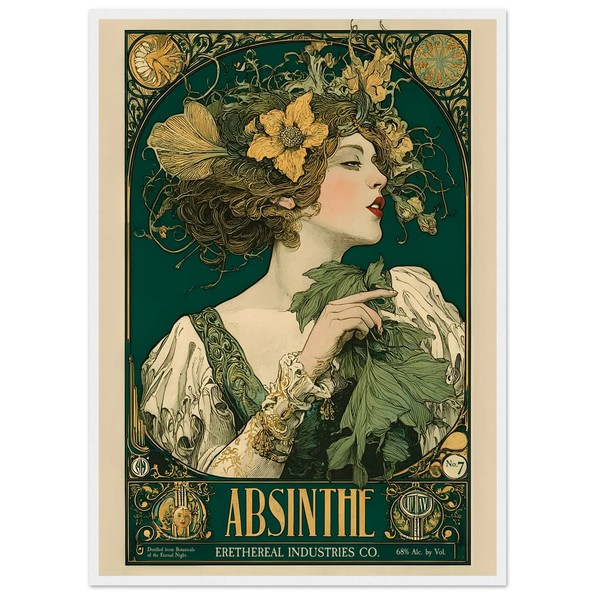 Vintage-style poster of a woman with flowers and absinthe text