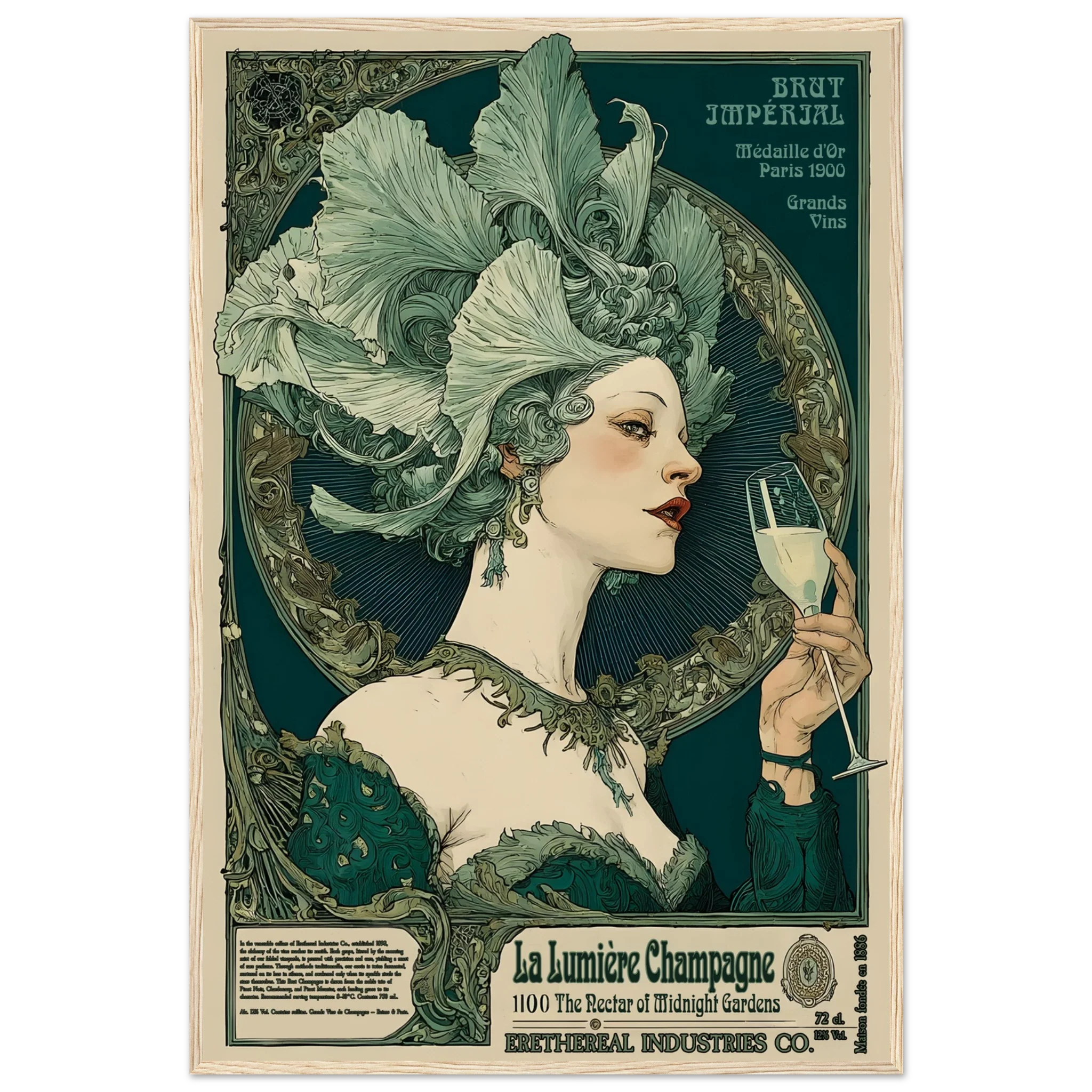 Vintage-style advertisement poster featuring a woman with an elaborate headpiece holding a champagne glass.
