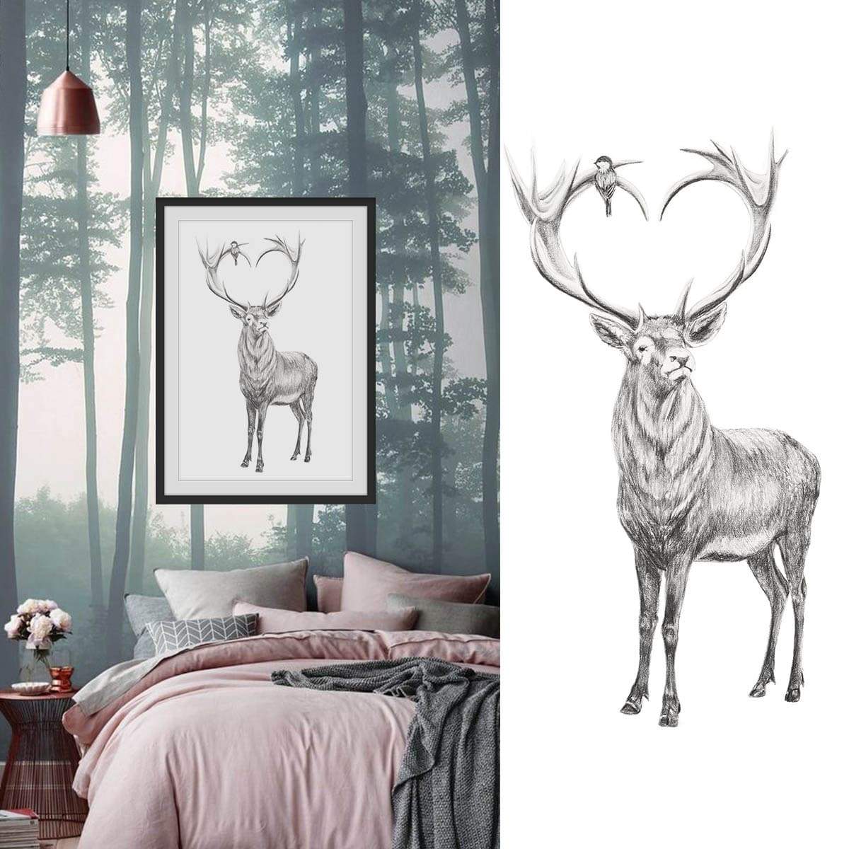 Bedroom with deer-themed decor, including a framed illustration of a deer on the wall.