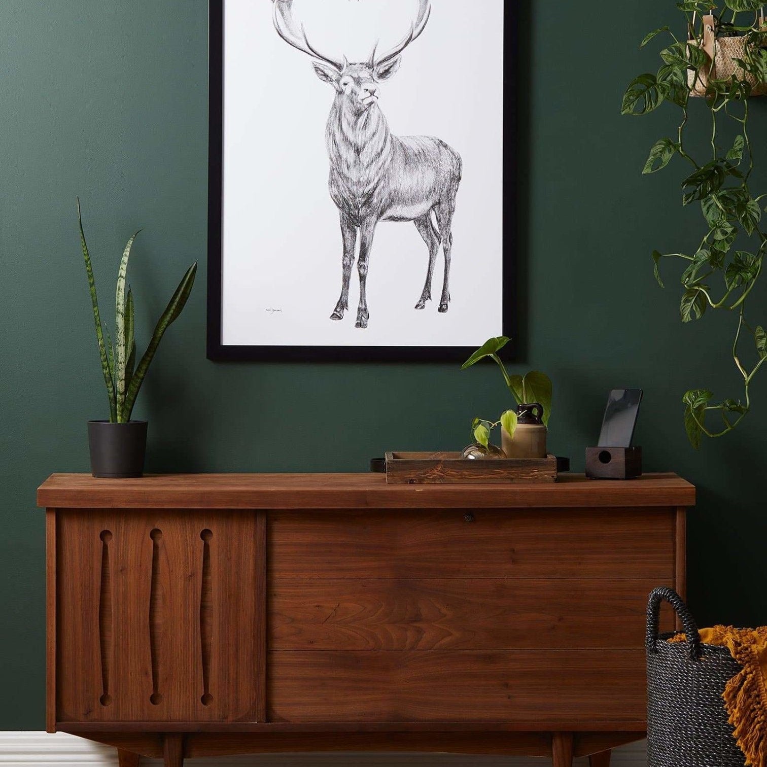 Wooden sideboard against a green wall with a framed deer print above it, surrounded by plants.