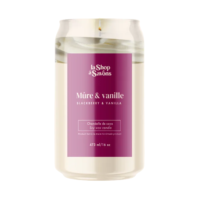 Candle with a purple label featuring 'la Shop a Savons' on a white background