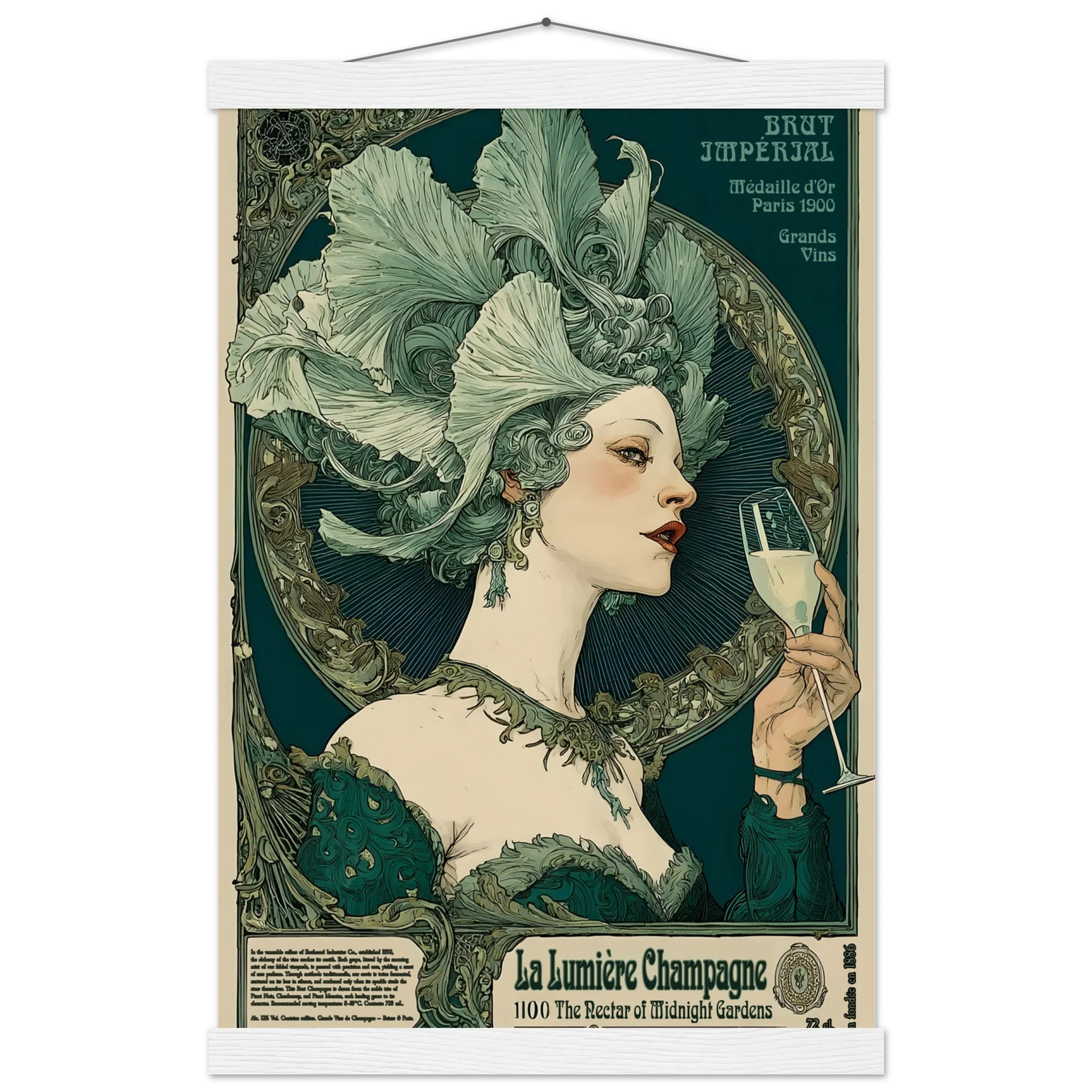 Vintage-style poster of a woman holding a champagne glass with intricate design elements.