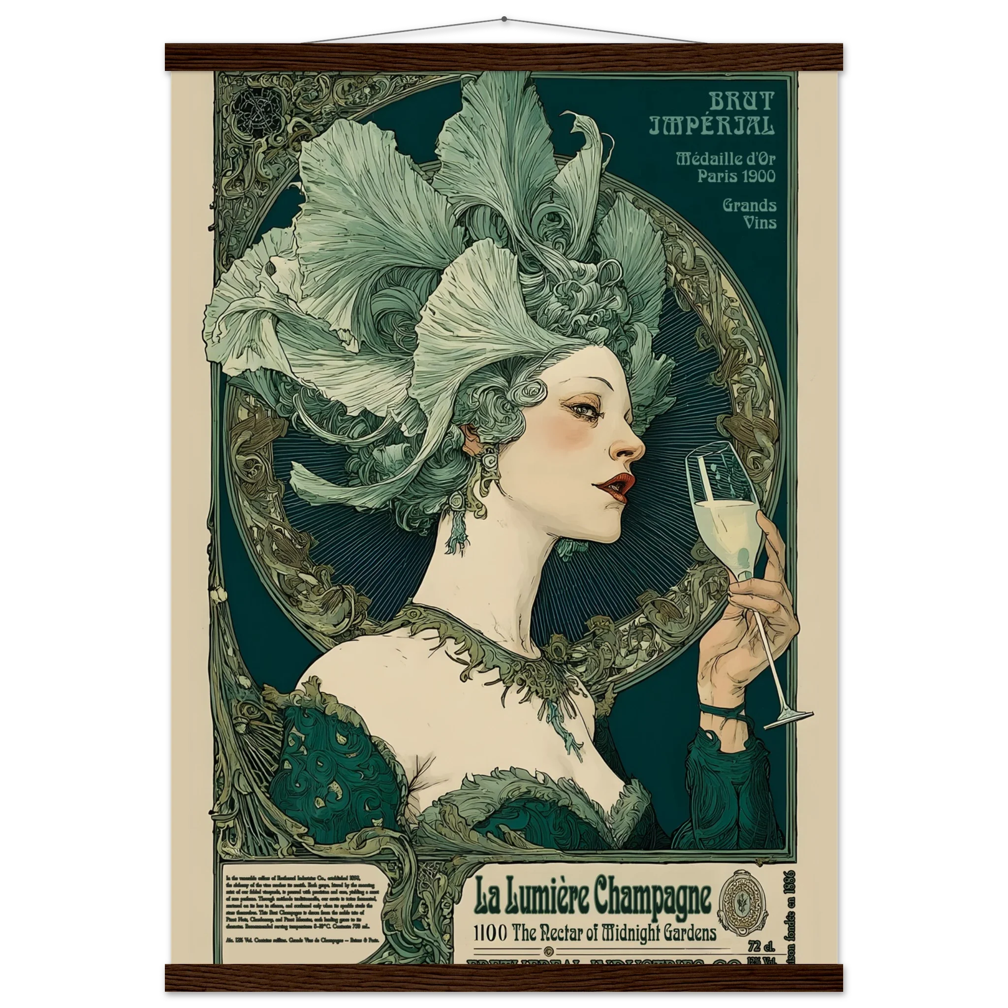 Vintage-style poster of a woman with a floral headdress holding a champagne glass, framed with decorative elements.
