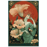 Art Nouveau-style poster with a woman and flowers, featuring intricate details and a decorative border.