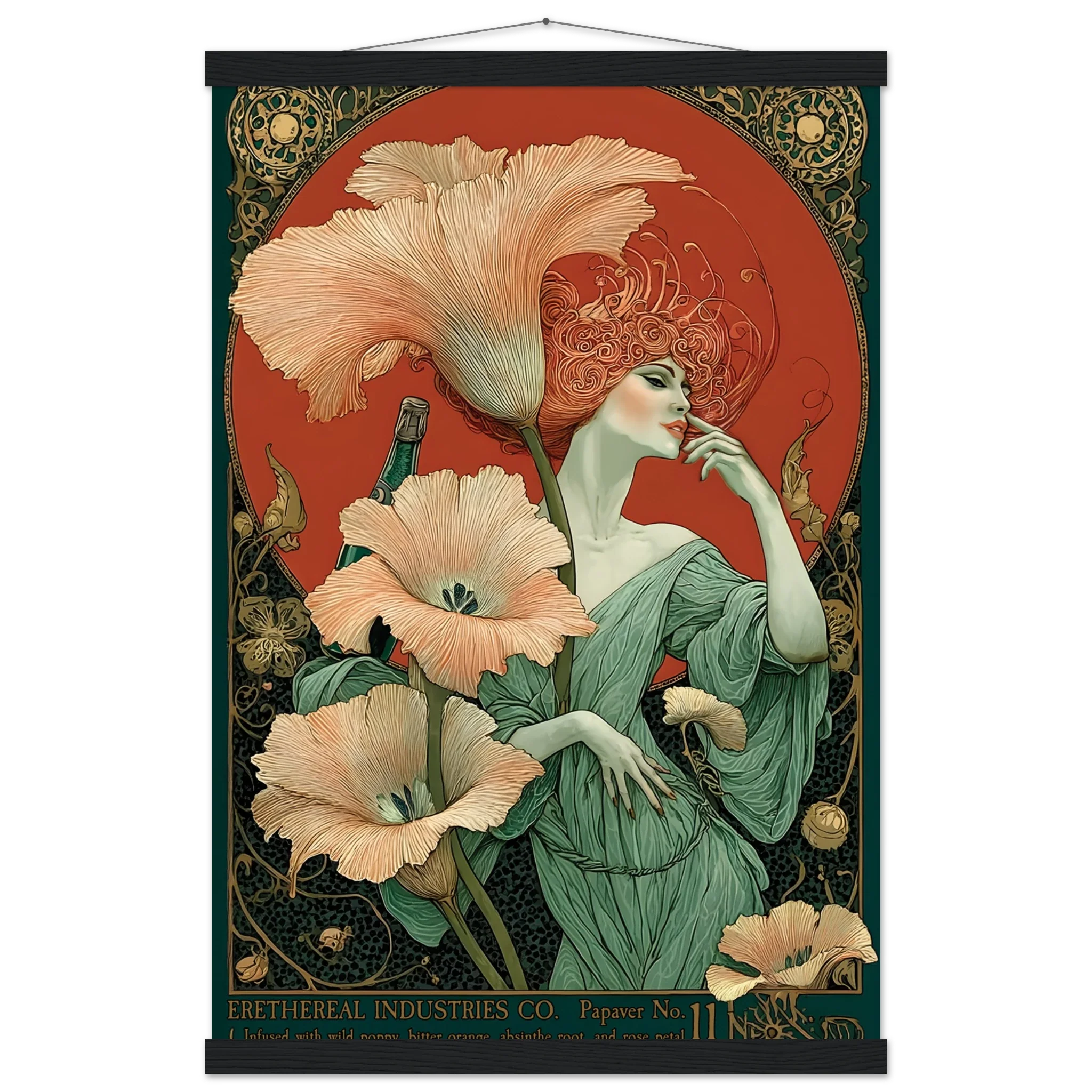 Art Nouveau-style poster with a woman and flowers against a red background