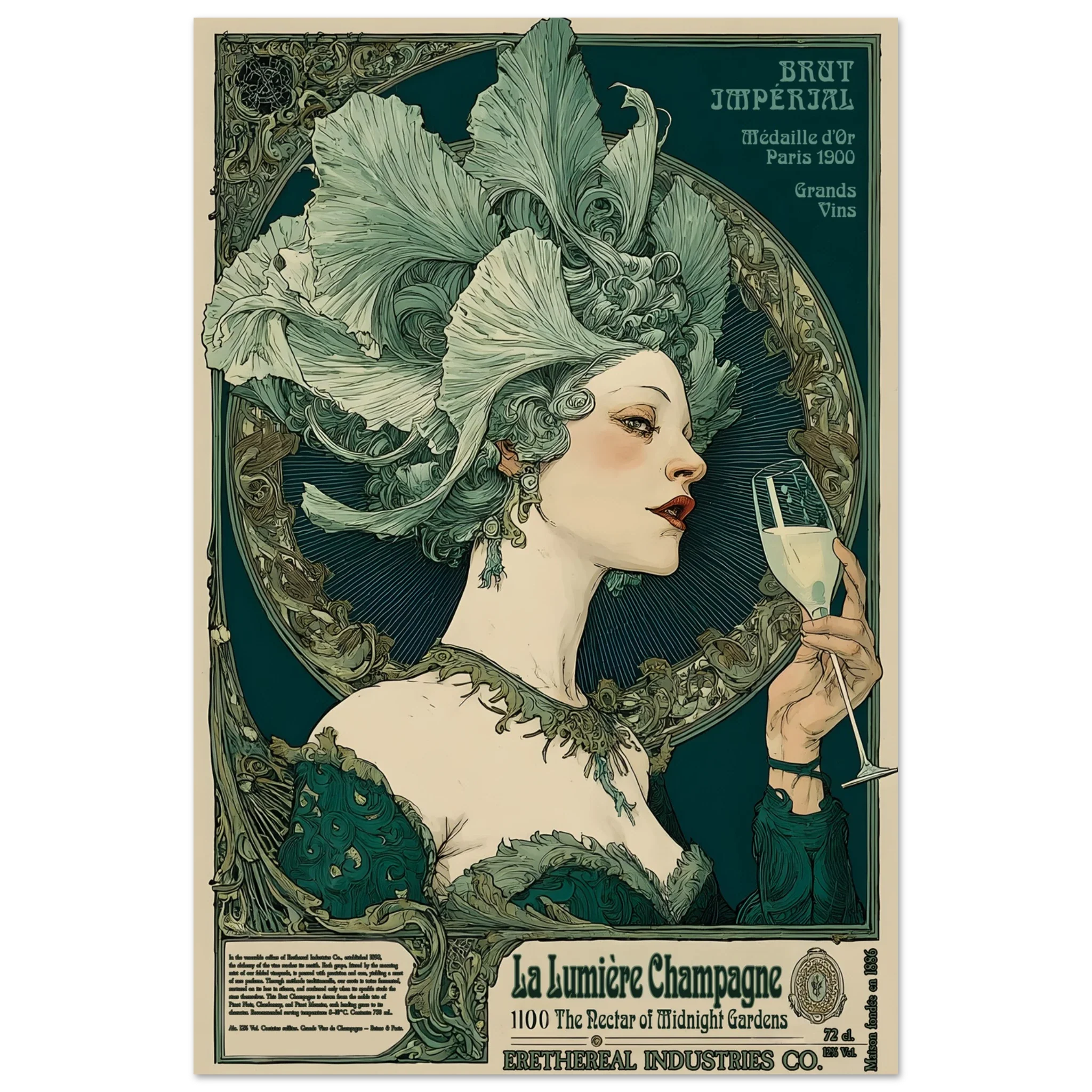 Vintage-style advertisement poster featuring a woman with an elaborate headdress holding a glass of champagne.