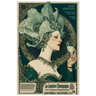 Vintage-style advertisement poster featuring a woman with an elaborate headdress holding a glass of champagne.