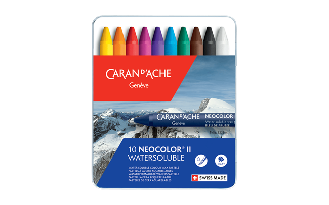 Caran d'Ache Neocolor II water-soluble crayon set packaging with mountain scene