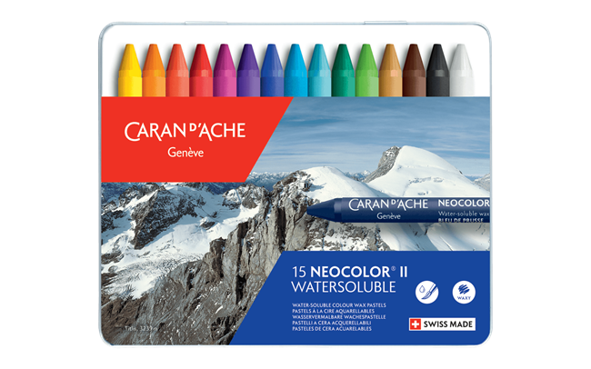 Caran d'Ache Neocolor II watersoluble crayon set with mountain design on packaging