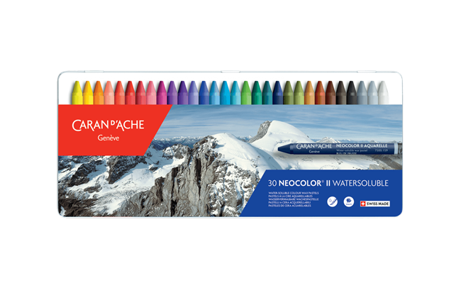 Caran d'Ache Neocolor II watersoluble crayon set with mountain scene on packaging