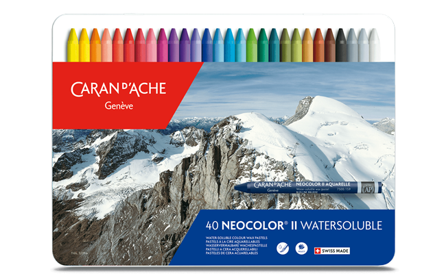 Caran d'Ache Neocolor II watersoluble crayon set with mountain landscape on packaging
