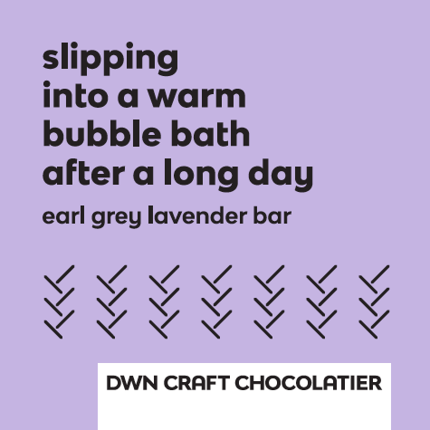 Promotional text for an earl grey lavender bar from DWN Craft Chocolatier on a purple background.